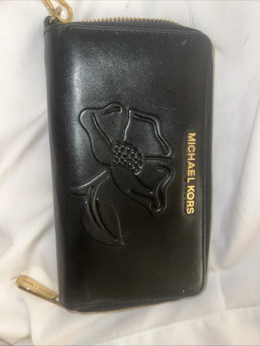 Michael Kors Black Leather Floral Embossed Zip Wallet with Gold Hardware
